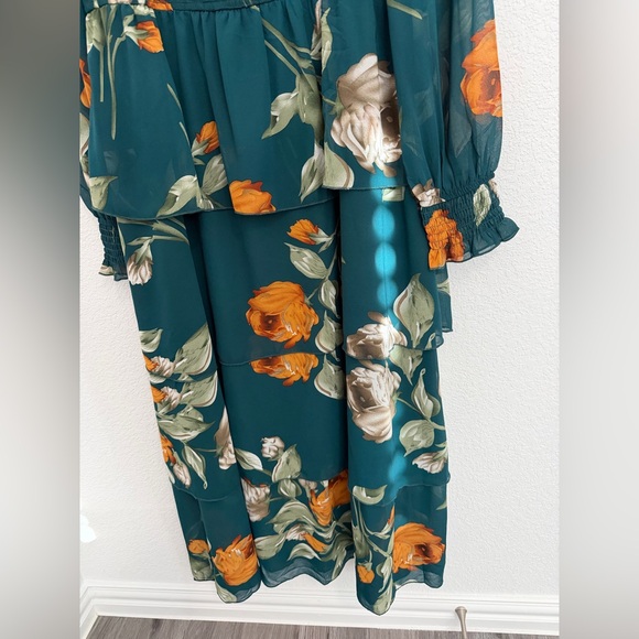 Simplee Emerald Green Orange Floral Long Sleeve Dress Tiered Smocked.Size XL - Picture 6 of 9